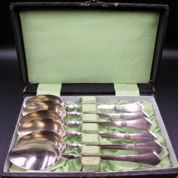 SECESJA KOMPLET 6 ŁYŻECZEK W ORYGINALNYM ETUI ALPACCA